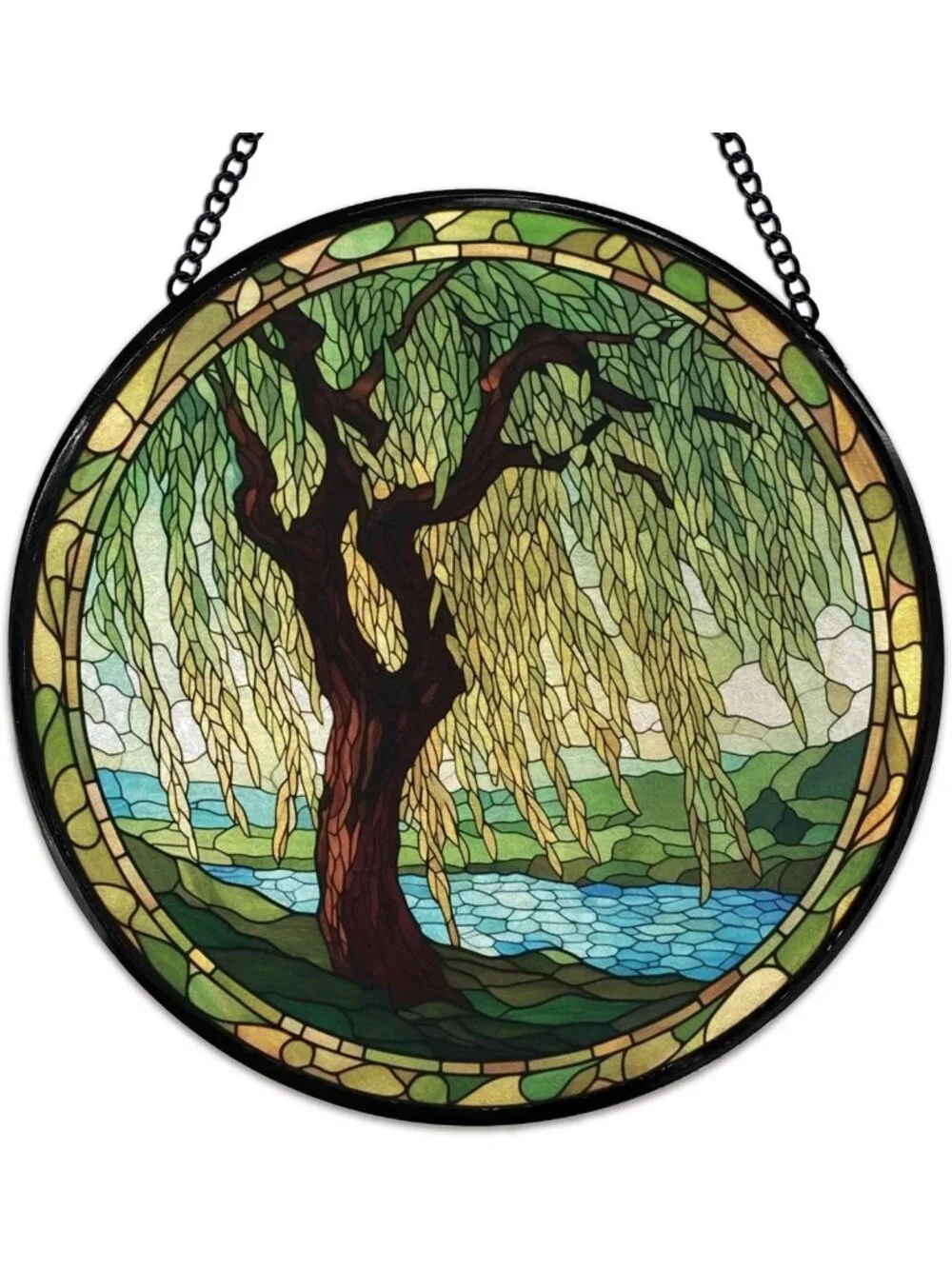 Stained Glass Suncatcher - Weeping Willow Window Art, Nature Decor, 7.9